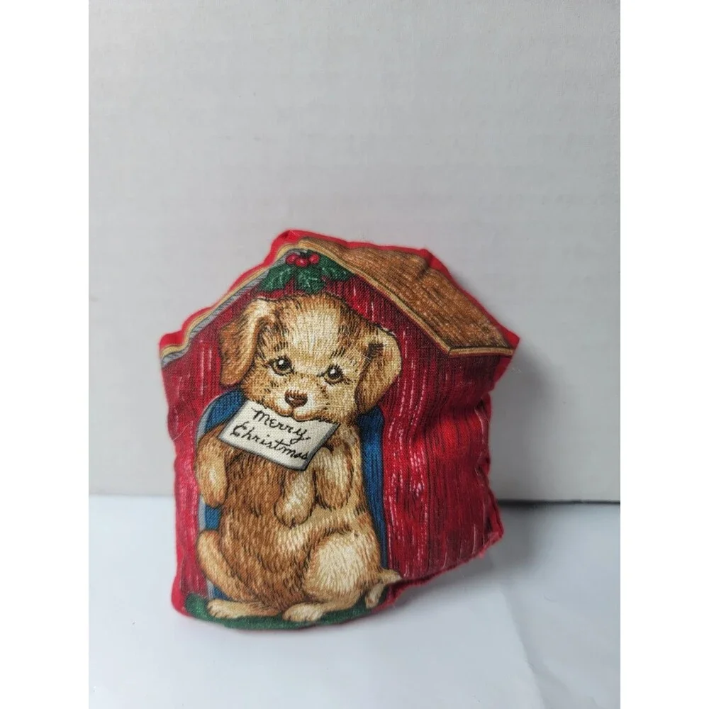 Vintage Christmas Puppy Dog House Mini Plush Pillow Merry Christmas Stuffed...